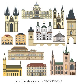 Ekaterinburg, Russia - 12 02 2020: "Prague architecture. Collection of Prague attractions. Vector set of Prague city. Travel Czech Republic attractions. Czech architecture flat style illustration"