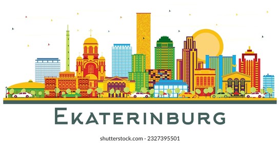 Ekaterinburg Russia City Skyline with Color Buildings Isolated on White. Vector Illustration. Business Travel and Tourism Concept with Modern Buildings. Ekaterinburg Cityscape with Landmarks.