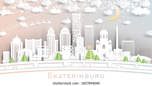 Ekaterinburg Russia City Skyline in Paper Cut Style with Snowflakes, Moon and Neon Garland. Vector Illustration. Christmas and New Year Concept. Santa Claus on Sleigh.
