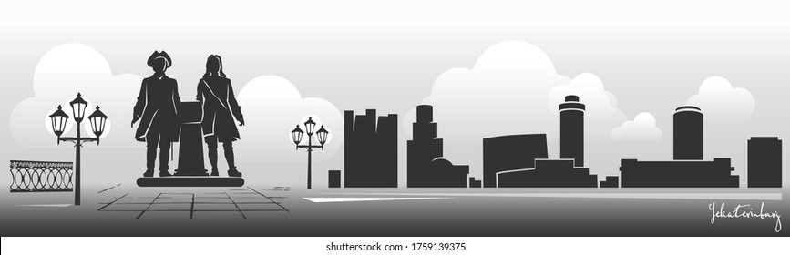 Ekaterinburg Russian city black and white horizontal banner. Silhouettes of monument to the founders of the city, and embankment of the Iset river.