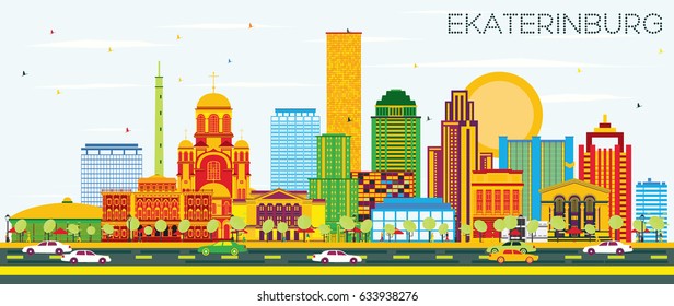 Ekaterinburg Skyline with Color Buildings and Blue Sky. Vector Illustration. Business Travel and Tourism Concept with Modern Buildings. Image for Presentation Banner Placard and Web Site.