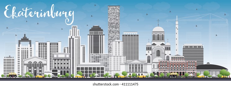 Ekaterinburg Skyline with Gray Buildings and Blue Sky. Vector Illustration. Business Travel and Tourism Concept with Modern Buildings. Image for Presentation Banner Placard and Web Site.