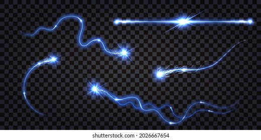 Ekectric discharge shock effect. Blue light swirl and flash with glowing luminous trail. Electrical thunder sparkling bolt , isolated wire lines on transparent background. Vector illustration