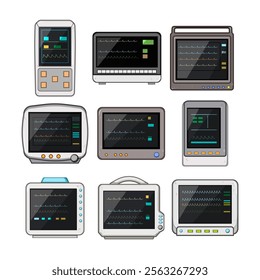 ekg monitor set cartoon. electrodes waveform, diagnosis healthcare, telemetry portable ekg monitor sign. isolated symbol vector illustration