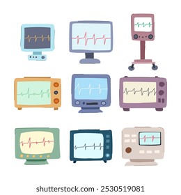 ekg monitor set cartoon. herhythm cardíaco, eletrodos forma de onda, arritmia portátil ekg monitor sinal. símbolo isolado vetor ilustração