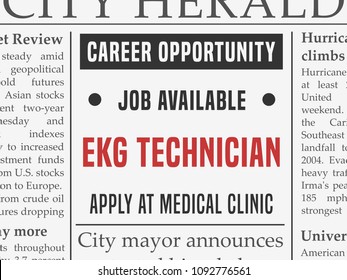 EKG Technician Medical Career - Job Hiring Classified Ad Vector In Fake Newspaper.