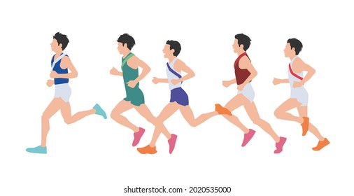 Ekiden Marathon. Men dressed in sports clothes running marathon race. Flat cartoon characters isolated on white background. Vector illustration.