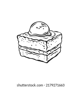 Ekmek kadayifi, Turkish delight line icon vector illustration. Traditional creamy bread pudding with kaymak, kadayif pastry in sugar syrup, hand drawn sweet cream dessert from Ottoman cuisine