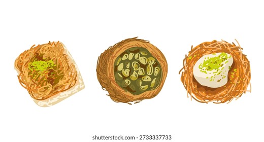 Ekmek, Kudaif, Kunafa, Süßigkeiten-Set, türkischer Nachtisch, handgezeichnete Vektorgrafik.