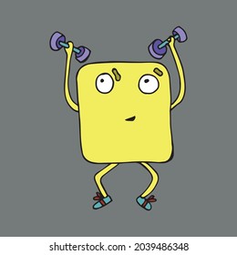 Ekonka sports. Vector character lifts weights. Strength exercises. Cartoon. Isolated Doodles