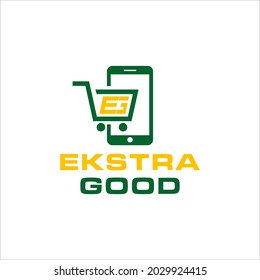 Diseño del logotipo vectorial Ekstra Good. diseño de logotipo de tienda moderna. diseño del logotipo de carrito de compras y herramientas móviles. Crear un diseño eficaz de logotipo de comercio electrónico. icono del vector de almacenamiento.