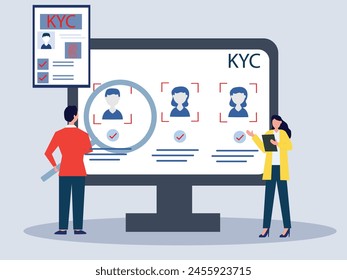 E-KYC verifying the identity of its clients using bio metric identification scanning face and fingerprint recognition. flat vector illustrator.