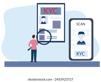 E-KYC verifying the identity of its clients using bio metric identification scanning face and fingerprint recognition. flat vector illustrator.