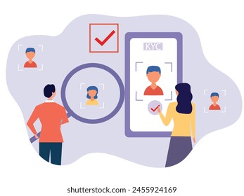 E-KYC verifying the identity of its clients using bio metric identification scanning face and fingerprint recognition. flat vector illustrator.
