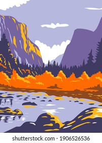 El Capitan Or El Cap During Fall In Yosemite National Park Sierra Nevada Of Central California WPA Poster Art