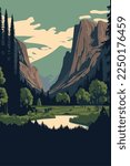 el capitan yosemite national park sierra nevada of central california poster flat color vector illustration nature background