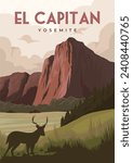 El Capitan Yosemite National Park Vintage Poster. Travel Poster of Yosemite National Park with deer element
