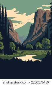 el capitan yosemite national park sierra nevada of central california poster flat color vector illustration nature background