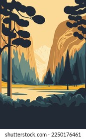 el capitan yosemite national park sierra nevada of central california poster flat color vector illustration nature background