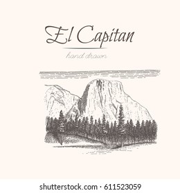 El Capitan. Yosemite. Esbozo de una montaña, estilo de grabado, ilustración vectorial dibujada a mano