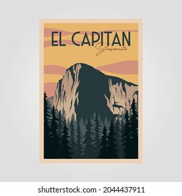 el capitan in yosemite vintage poster illustration design, yosemite travel print national park design