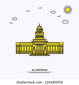 EL CAPITOLIO Monument Poster Template. World Travel Yellow illustration Background in Line Style with beauture nature Scene