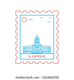 EL CAPITOLIO postage stamp Blue and red Line Style, vector illustration