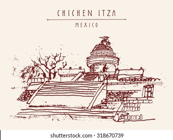 El Caracol or The Observatory Toltec Maya Ruins. Chichen Itza, Yukatan, Mexico. Hand drawn postcard in vector, retro style