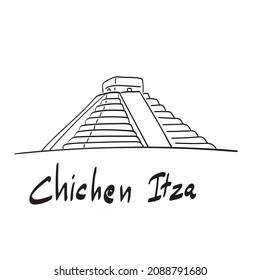 El Castillo of Chichen Itza mayan pyramid in Yucatan illustration vector hand drawn isolated on white background line art.