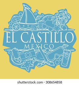 El Castillo, Mexico beach hand drawn sign with text and various summer holiday objects, vector illustration 