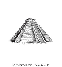 El castillo pyramid at chichen itza, mayan temple illustration, ancient architecture, black and white vintage sketch