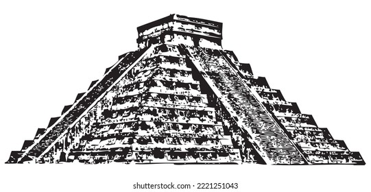 El Castillo pyramid silhouettes Vector monochrome freehand ink drawn background sketch in art scribble antiquity style pen on paper with space for text on sky