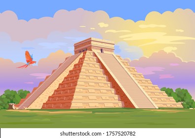 El Castillo (The Kukulkan Temple) of Chichen Itza, mayan pyramid in Yucatan, Mexico. Vector Illustration of ancient Mayan pyramids in the jungle in daytime