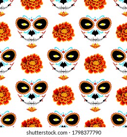 El Día de Los Muertos seamless pattern. La muerte and marigold on a white background