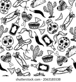 El Día de Muertos seamless vector pattern. Hand-drawn sketch. Traditional Mexican symbols - tequila, nachos, burrito. Monochrome concept for decoration, fabric design, packaging, textile, cards, web