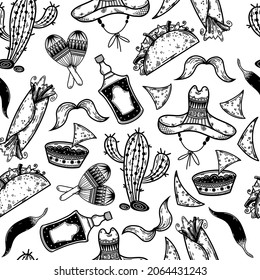 El Día de Muertos seamless vector pattern. Hand-drawn doodles. Traditional holiday symbols are sombrero, cactus, maracas. Concept for decoration, fabric design, stationery, textiles, web, print.