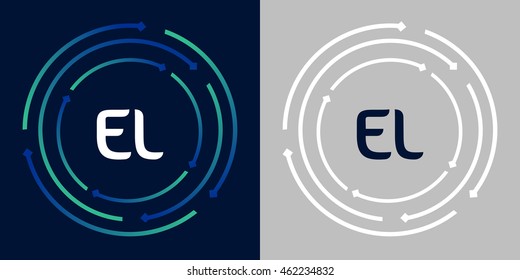 EL design template elements in abstract background logo, design identity in circle, letters business logo icon, blue/green alphabet letters, simplicity graphics