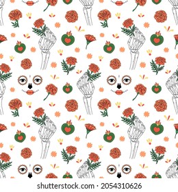 El Dia de Los Muertos seamless pattern. Skeleton hand holding marigold flower and face of la muerte on a white background. Halloween pattern. 