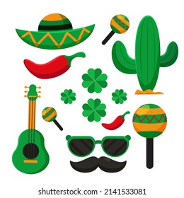 El dia de Muertos, Cartoon traditional folk ornament from Mexico, sombrero and guitar. Vector illustrations.