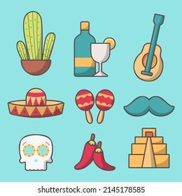 El dia de Muertos, Cartoon traditional folk ornament from Mexico, sombrero and guitar. Vector illustrations.