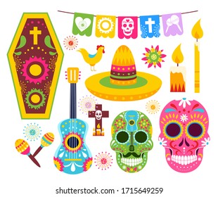 Ilustraciones vectoriales del Día de los Muertos en México. Dibujo de arte tradicional de ornamentos folclóricos con cráneos muertos de México, sombrero y guitarra, máscaras antipalitos para un ícono de fiesta aisladas en blanco