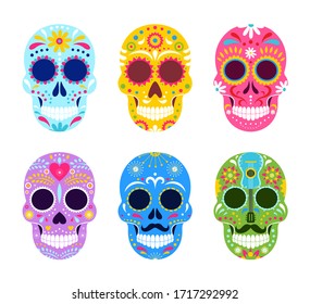 El dia de Muertos, Mexican Day of Dead vector illustrations. Cartoon traditional folk ornament art on dead skulls from Mexico, sombrero and guitar, skeleton masks for party icon set isolated on white