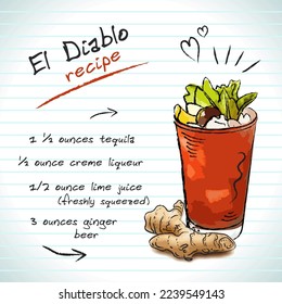 El Diablo cocktail, vector sketch hand drawn illustration, fresh summer alcoholic drink with recipe and fruits	
