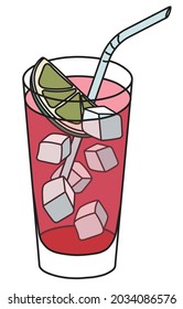 El Diablo tequila a base de un cóctel largo en vidrio de bola alta. Bebé rojo adornado con trozos de cal. Estiloso doodle dibujado a mano estilo de dibujos animados ilustración vectorial buena para el menú de la barra, receta del libro de cocinero