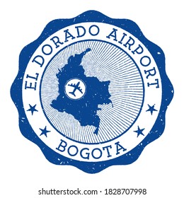 El Dorado Airport Bogota stamp. Airport of Bogota round logo with location on Colombia map marked by airplane. Vector illustration.