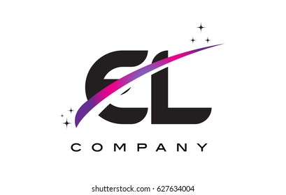 EL E L Black Letter Logo Design with Purple Magenta Swoosh and Stars.