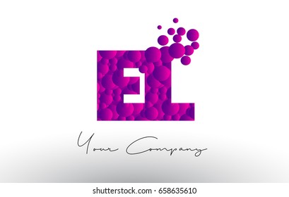 EL E L Dots Letter Logo with Purple Pink Magenta Bubbles Texture Vector.