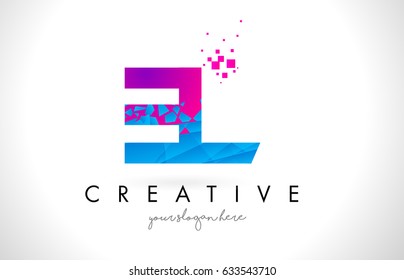 EL E L Letter Logo with Broken Shattered Blue Pink Triangles Texture Design Vector Illustration.