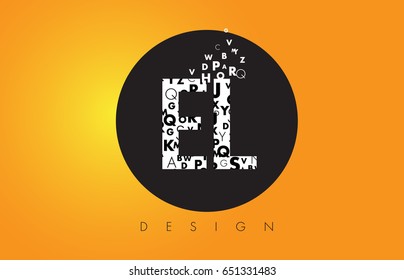 EL E L Logo Design Made of Small Letters with Black Circle and Yellow Background.