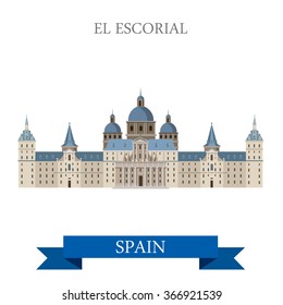 El Escorial Monastery King Residence in Madrid Spain. Flat cartoon style historic sight showplace attraction web site vector illustration. World countries cities vacation travel sightseeing collection